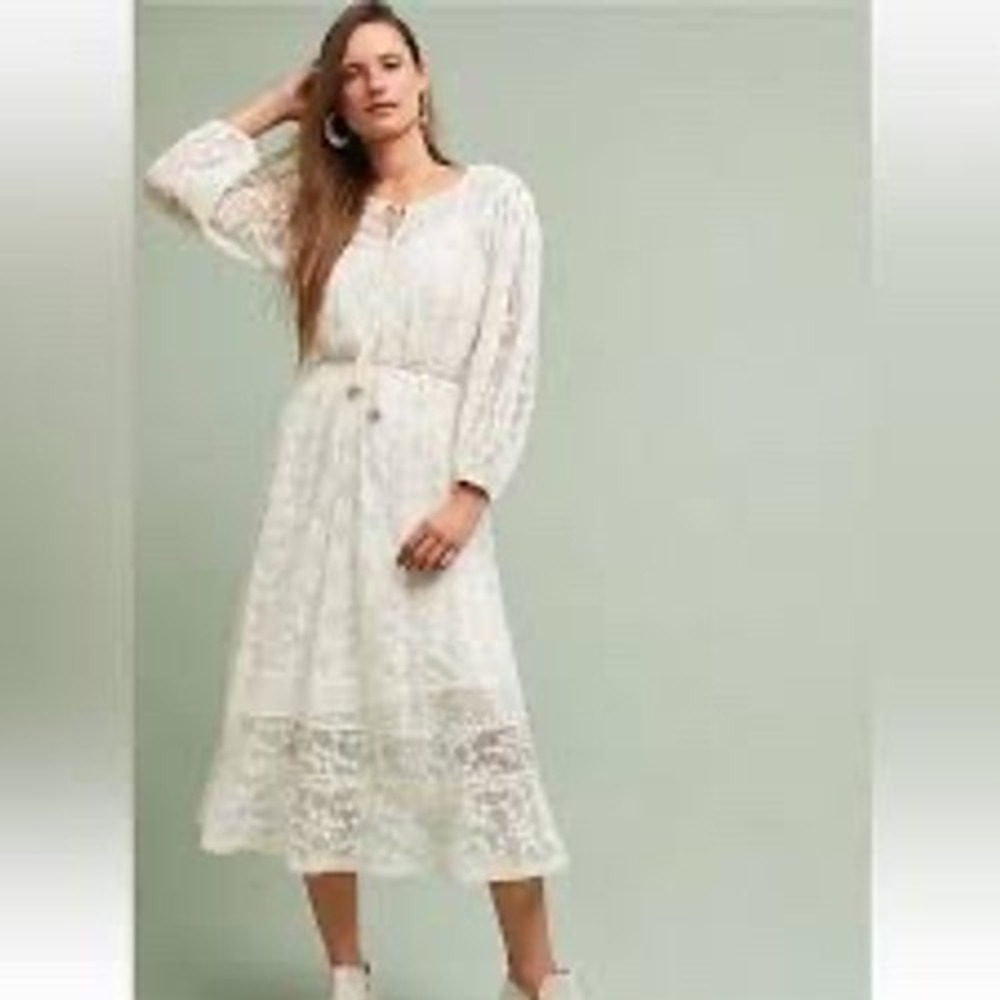 Blue Tassel Anthropologie Lace Midi Dress Size PL Boho Crochet  Tassel Belt